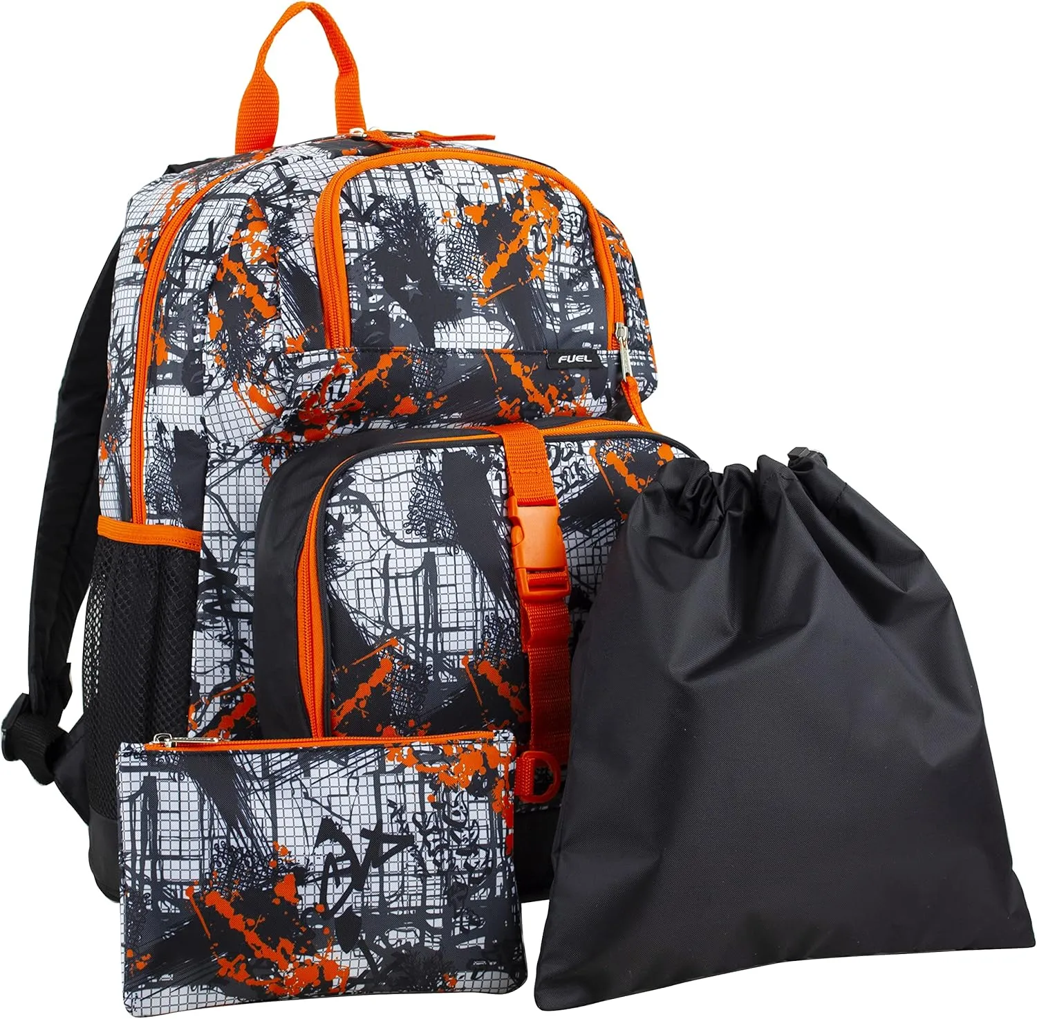 FUEL 4-Piece Bundle Colorful Prints Backpack Book Bag Set Detachable Insulated Lunch Box, Pencil Case, Accessory Pouch