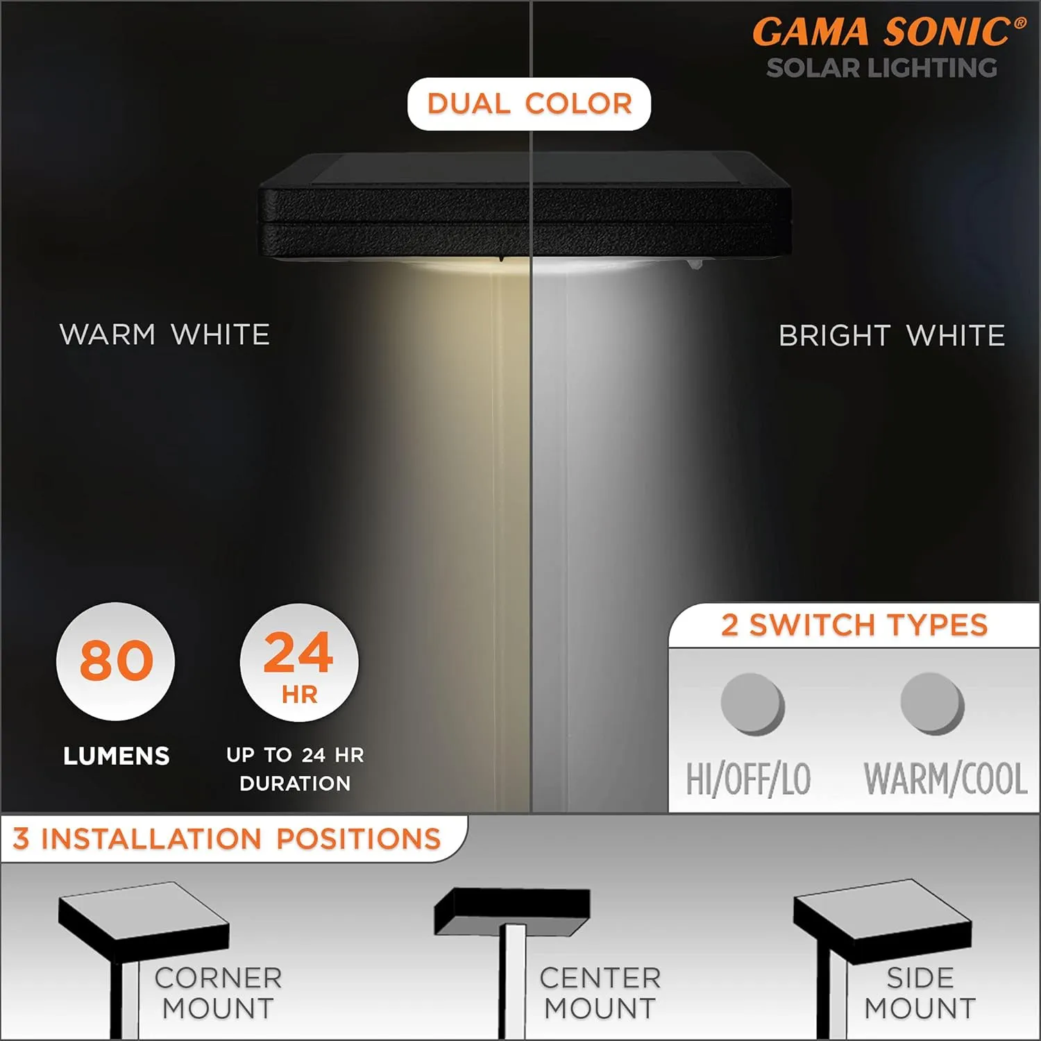 Gama Sonic Contemporary Black Square Solar Path Light, Heavy Duty Cast Aluminum 80 Lumen with Bright White and Warm White LED Options, 26.75 in Tall for Garden, Sidewalk, Pathway, 1 Pack 117i90080
