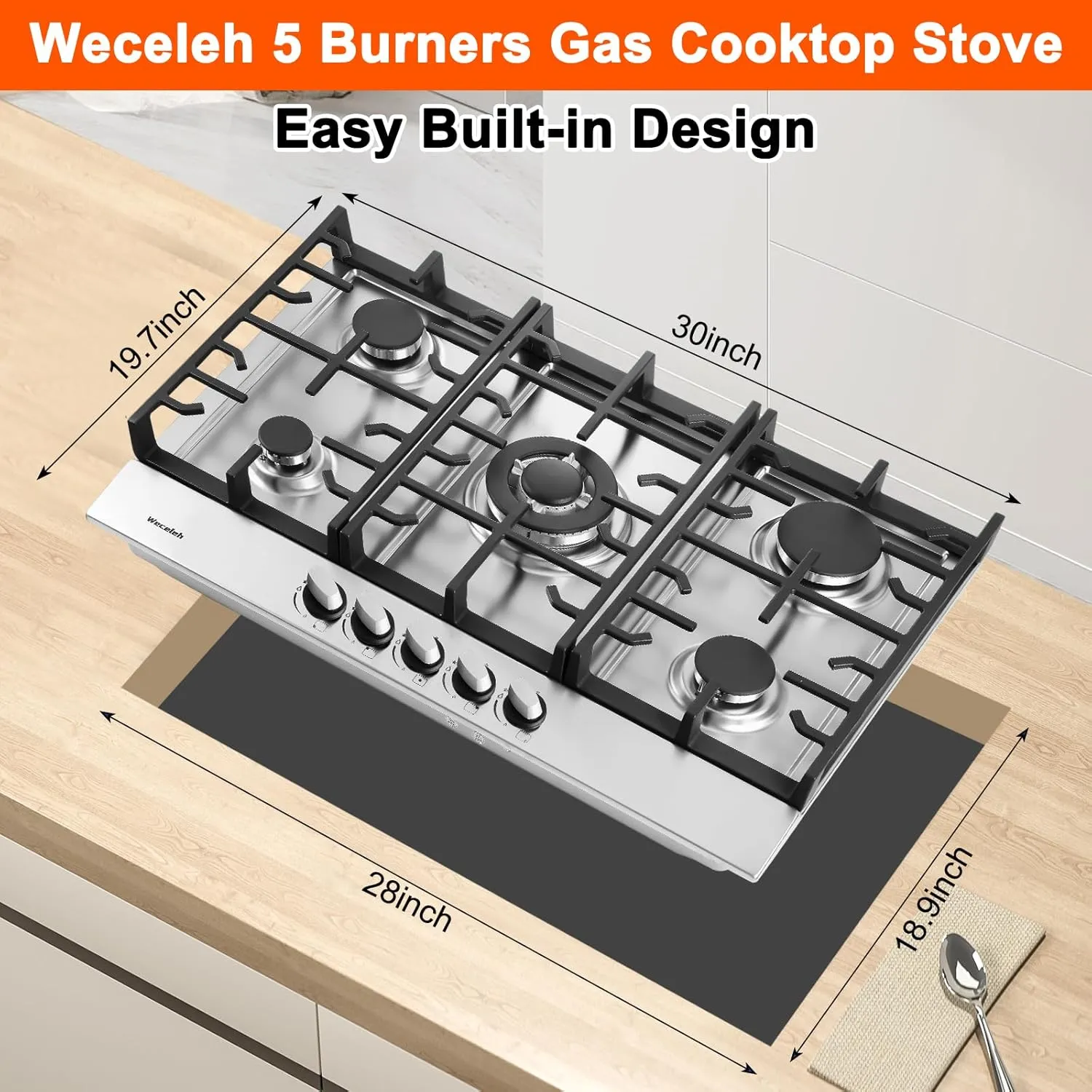 Gas Cooktop Stove 30 Inch Built-in Gas Stove Top with 5 Burners 33200 BTU,LPG/NG Dual Fuel,Auto Ignition,Thermocouple Protection,Stainless Steel,Heavy Duty Cast Iron Grates for Kitchen