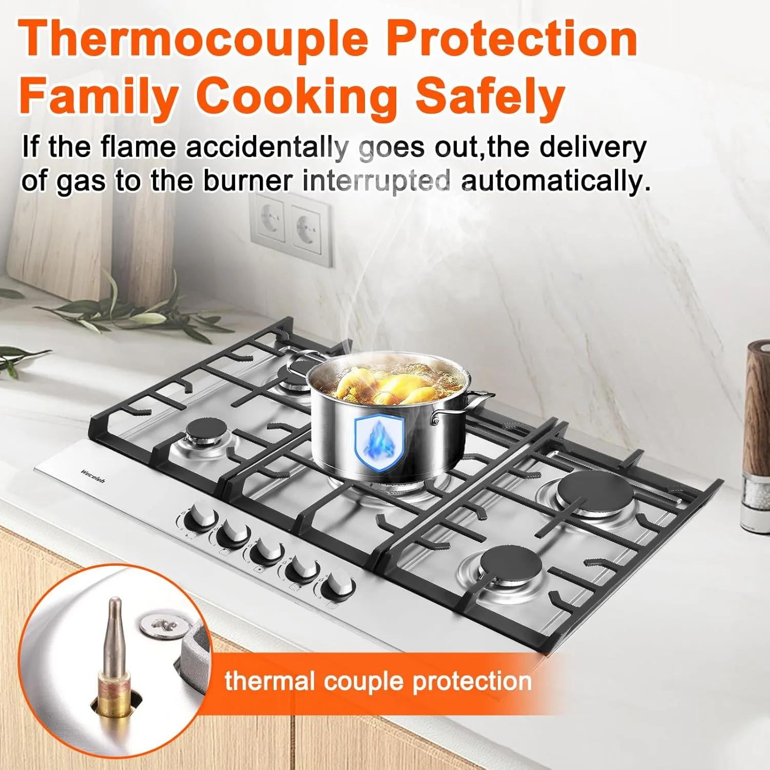 Gas Cooktop Stove 30 Inch Built-in Gas Stove Top with 5 Burners 33200 BTU,LPG/NG Dual Fuel,Auto Ignition,Thermocouple Protection,Stainless Steel,Heavy Duty Cast Iron Grates for Kitchen