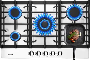 Gas Cooktop Stove 30 Inch Built-in Gas Stove Top with 5 Burners 33200 BTU,LPG/NG Dual Fuel,Auto Ignition,Thermocouple Protection,Stainless Steel,Heavy Duty Cast Iron Grates for Kitchen