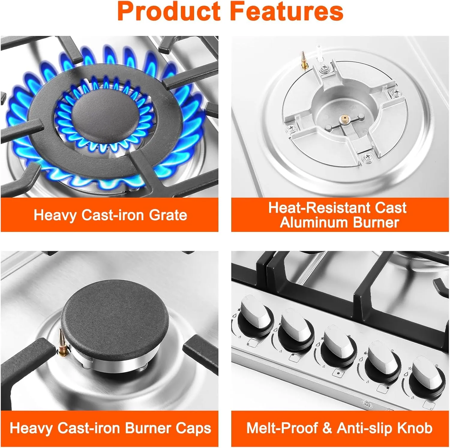 Gas Cooktop Stove 30 Inch Built-in Gas Stove Top with 5 Burners 33200 BTU,LPG/NG Dual Fuel,Auto Ignition,Thermocouple Protection,Stainless Steel,Heavy Duty Cast Iron Grates for Kitchen