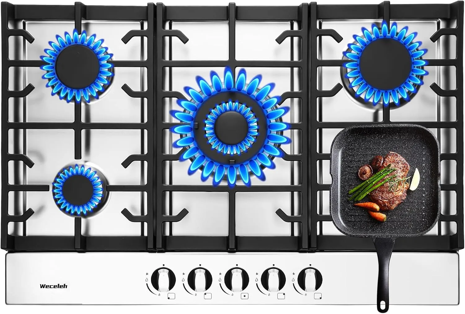 Gas Cooktop Stove 30 Inch Built-in Gas Stove Top with 5 Burners 33200 BTU,LPG/NG Dual Fuel,Auto Ignition,Thermocouple Protection,Stainless Steel,Heavy Duty Cast Iron Grates for Kitchen