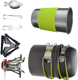 Gas Furnace Camping Cookware Set Lightweight Outdoor Pot and Cutlery Kit Green Handle for Hiking Picnics and Family Gatherings Essential Cooking Equipment
