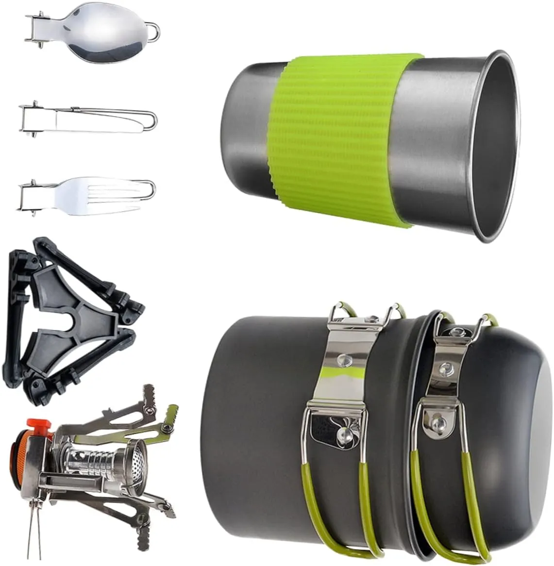 Gas Furnace Camping Cookware Set Lightweight Outdoor Pot and Cutlery Kit Green Handle for Hiking Picnics and Family Gatherings Essential Cooking Equipment