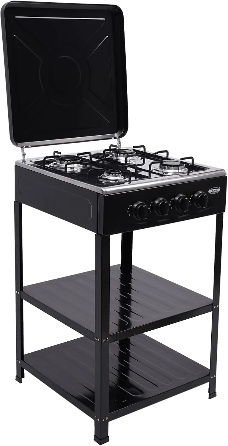 Gas Stove Portable Stove Grill 2 Tier Stand 4 Hearth Stove Stove Propane with Support Stand and Windscreen Manual Ignition Home Camping Stove, 49*49*79cm, Black, BDF8045