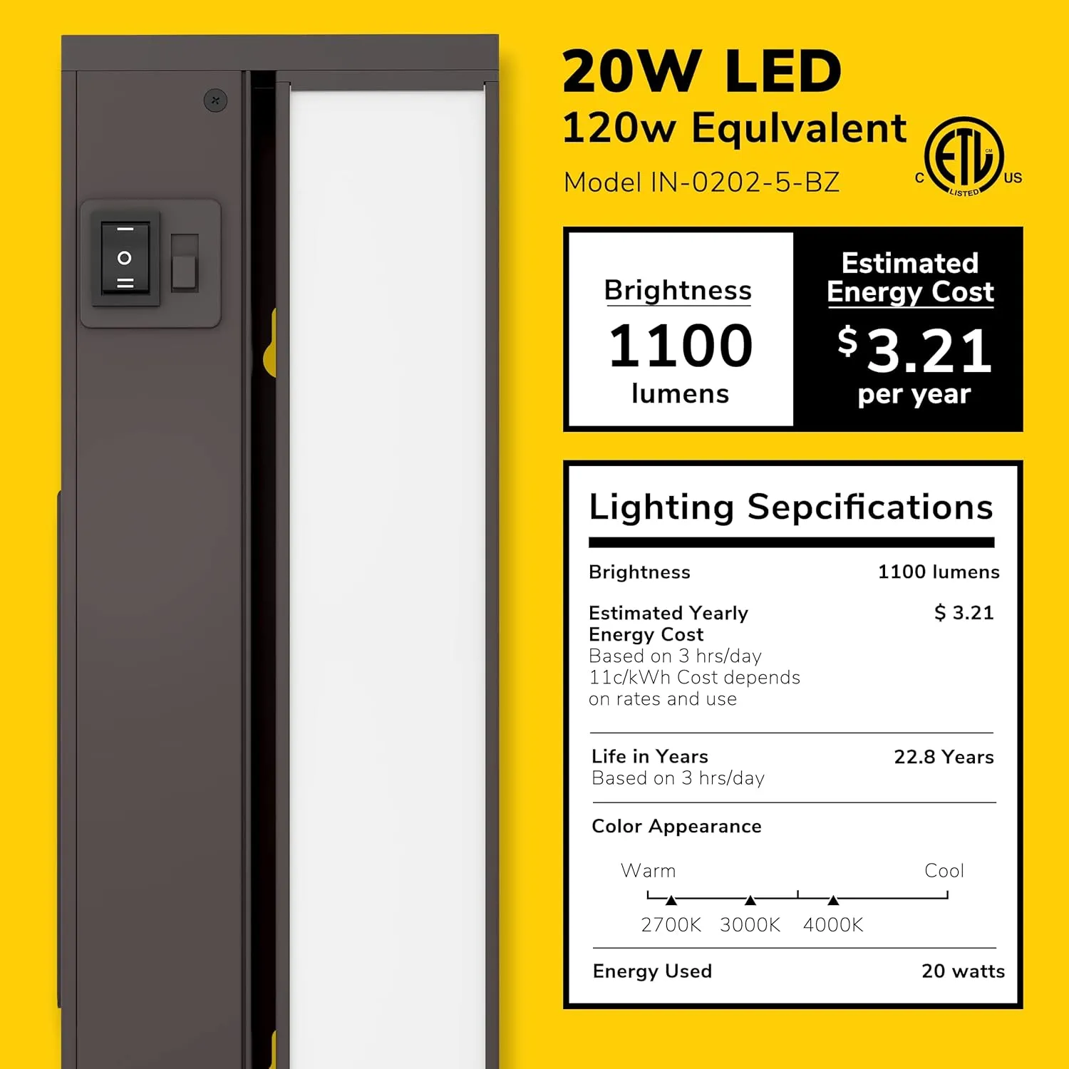 GETINLIGHT 40-inch Swivel LED Under Cabinet Lights, Glass Lens, Selectable White 2700K/4000K/5000K, Dimmable with Wall Dimmers, Bronze Finish, IN-0202-5-BZ