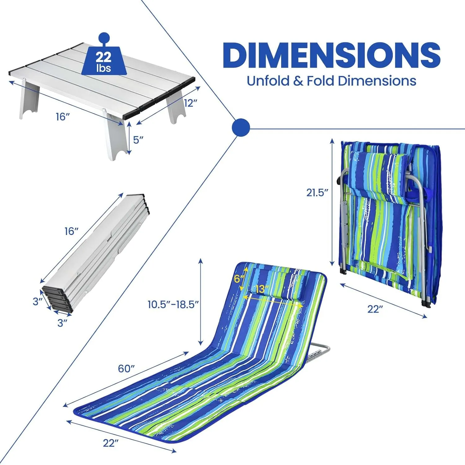 Giantex Beach Chairs for Adults 2 Pack Set with Side Table, 5 Position Adjustable Folding Lawn Chair for Sunbathing, Patio Chaise Lounge Lightweight Backpack Camping Chairs (Stripe)