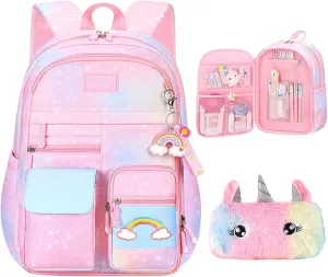 Girls Gradient Rainbow Backpack,Cute Student School Backpack With Pen Bag,Starry Rainbow Laptop Travel Bag-Pink