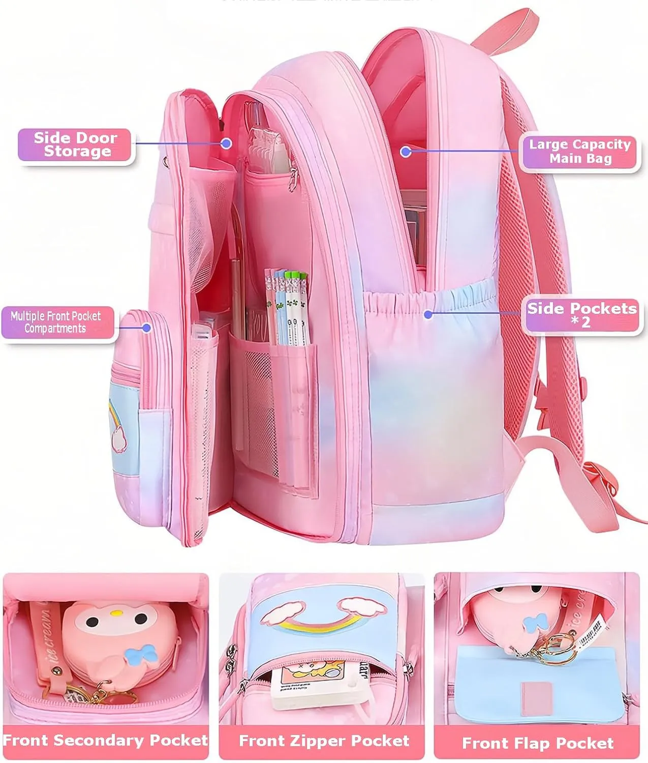 Girls Gradient Rainbow Backpack,Cute Student School Backpack With Pen Bag,Starry Rainbow Laptop Travel Bag-Pink