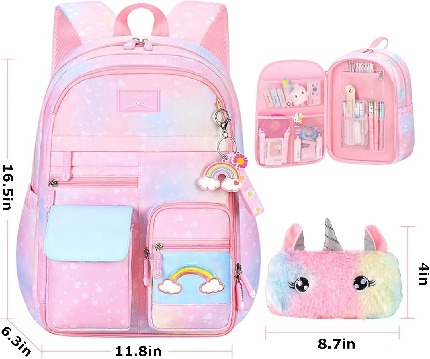 Girls Gradient Rainbow Backpack,Cute Student School Backpack With Pen Bag,Starry Rainbow Laptop Travel Bag-Pink