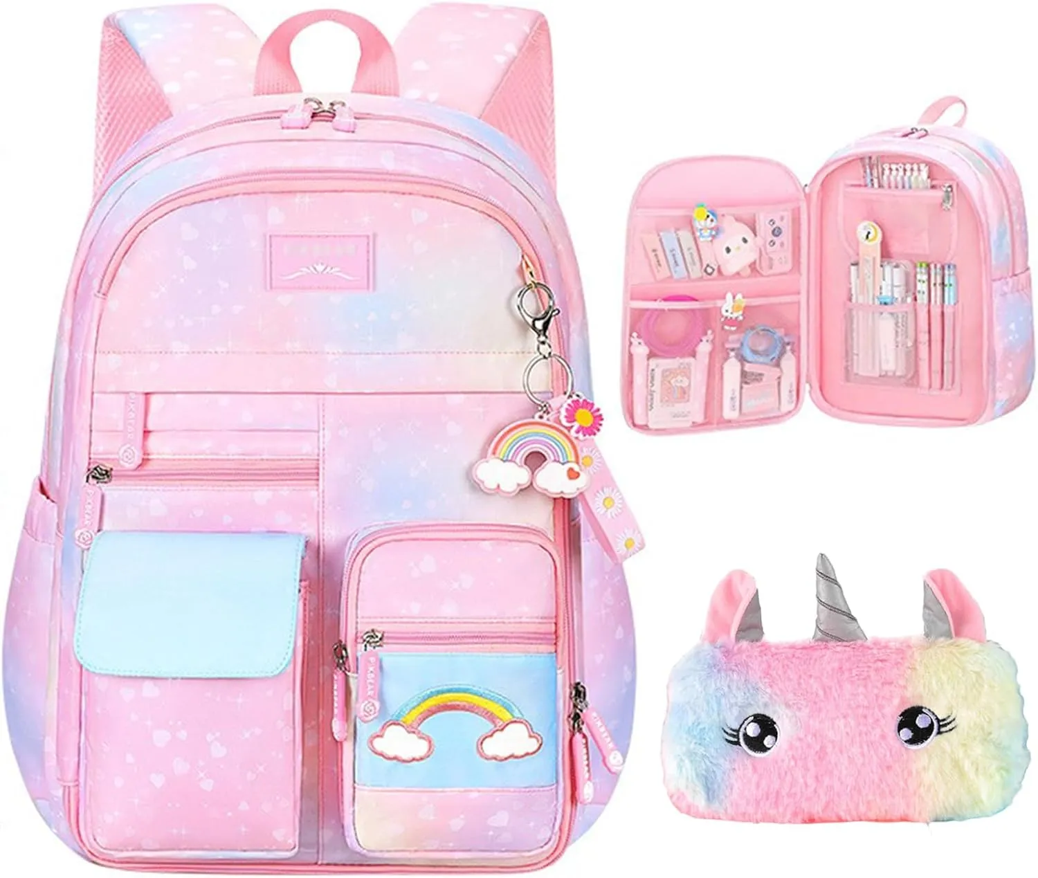 Girls Gradient Rainbow Backpack,Cute Student School Backpack With Pen Bag,Starry Rainbow Laptop Travel Bag-Pink