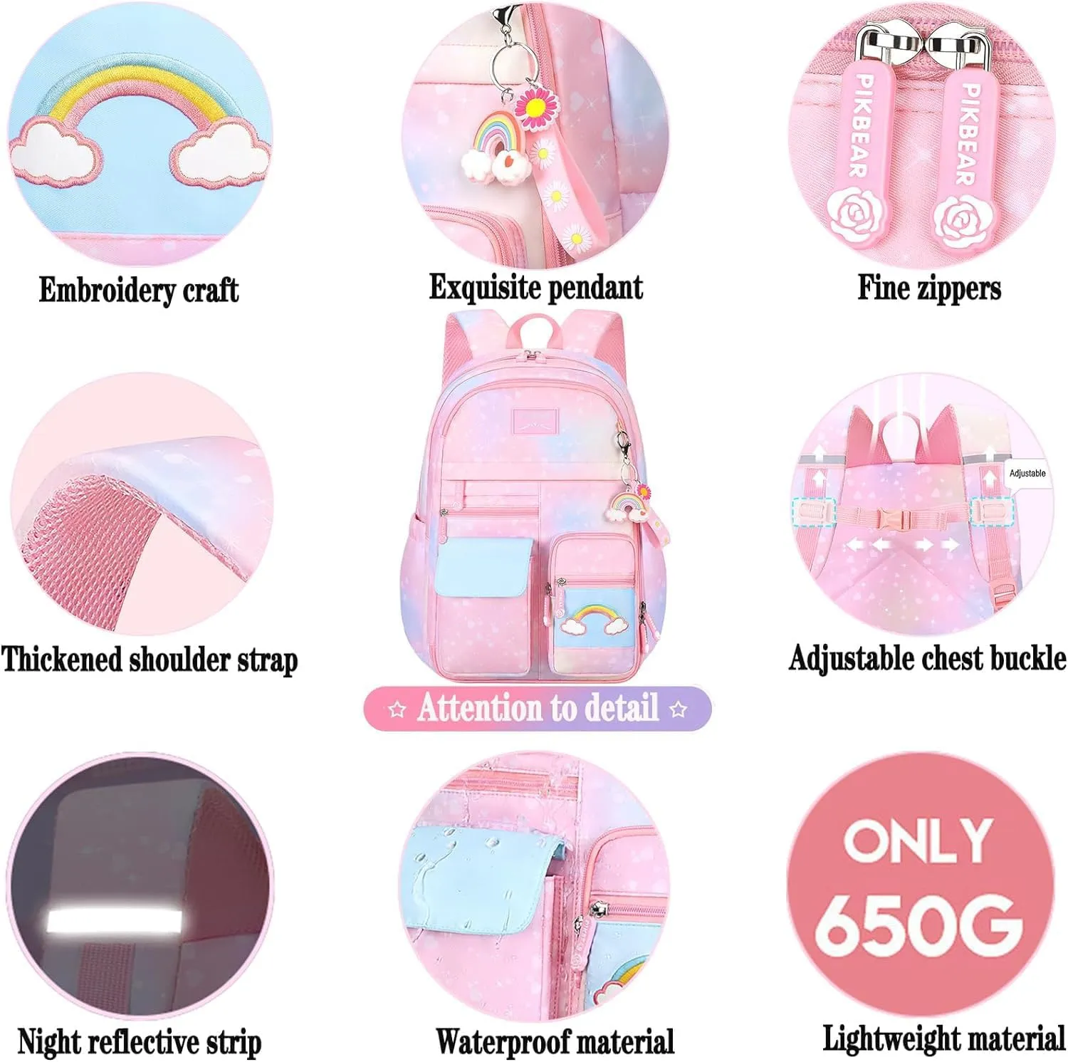 Girls Gradient Rainbow Backpack,Cute Student School Backpack With Pen Bag,Starry Rainbow Laptop Travel Bag-Pink
