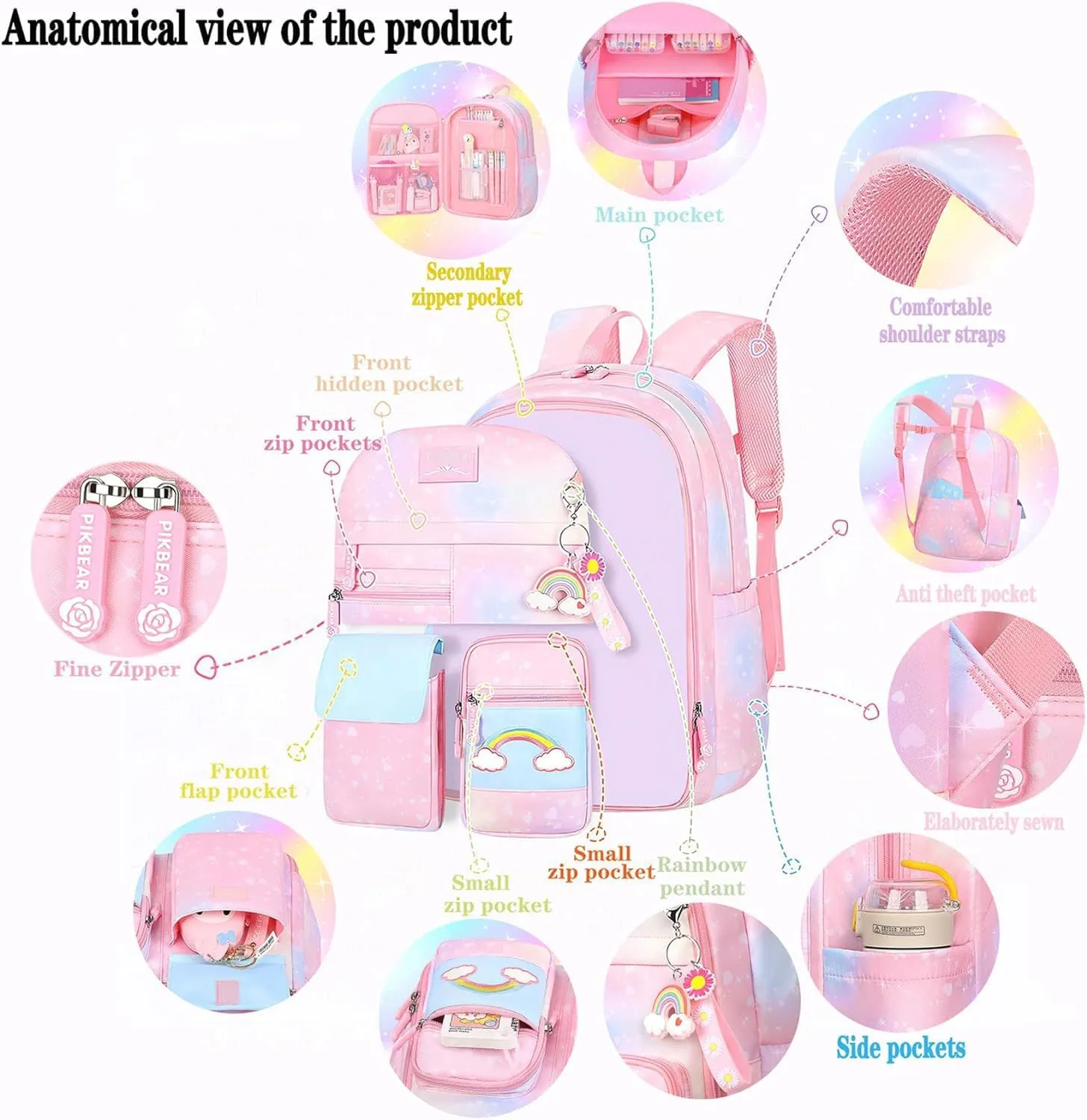 Girls Gradient Rainbow Backpack,Cute Student School Backpack With Pen Bag,Starry Rainbow Laptop Travel Bag-Pink