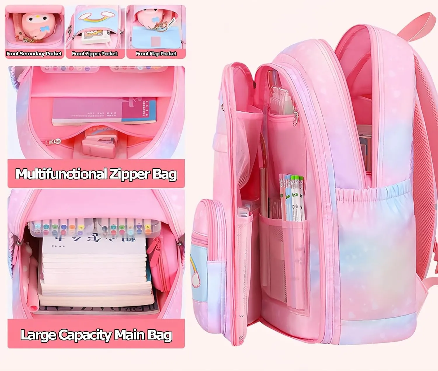 Girls Gradient Rainbow Backpack,Cute Student School Backpack With Pen Bag,Starry Rainbow Laptop Travel Bag-Pink