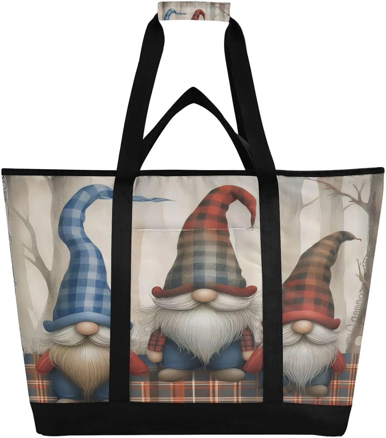 Gnomes with Plaid Hats Print Reusable Insulated Lunchbox Cooler Bag, Leakproof Kitchen Grocery Bag Collapsible Portable Cooler Tote Bag for Picnic, Camping, Office, Travel