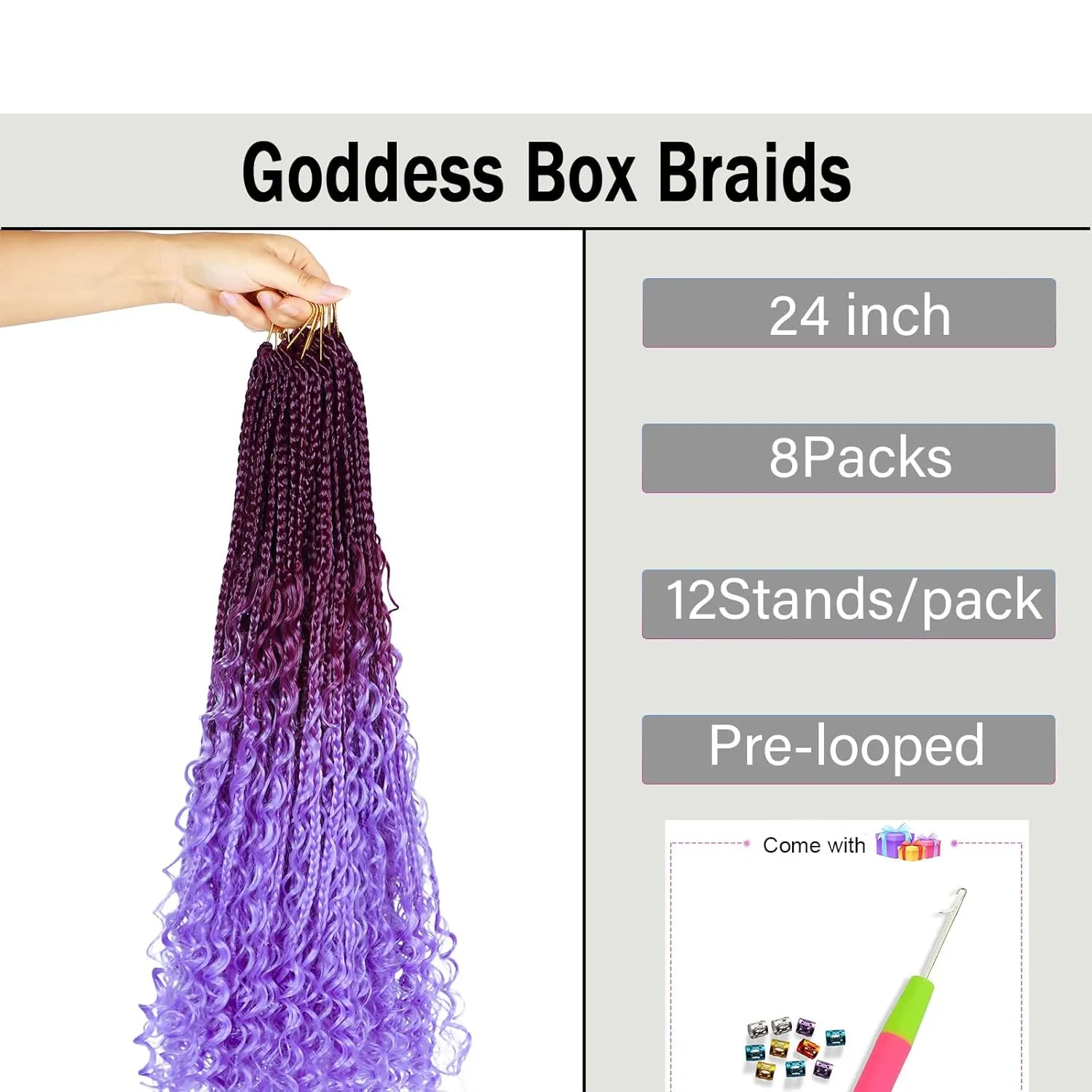 Goddess Box Braids Crochet Hair for Black Women 24inch Boho Crochet Braids Pre Looped Crochet Boho Braids with Curly Ends Purple Ombre Boho Briads Crochet Hair Purple/light Purple,8Pack