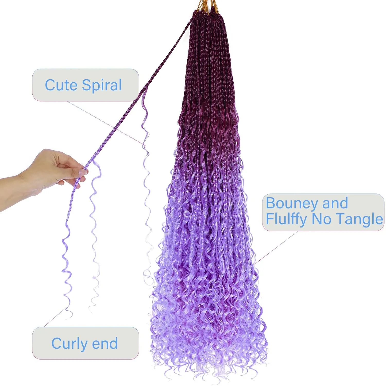 Goddess Box Braids Crochet Hair for Black Women 24inch Boho Crochet Braids Pre Looped Crochet Boho Braids with Curly Ends Purple Ombre Boho Briads Crochet Hair Purple/light Purple,8Pack