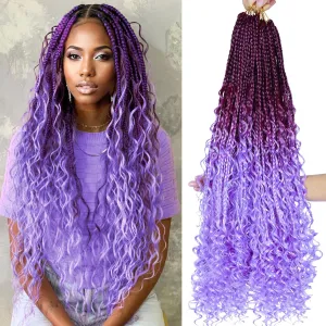Goddess Box Braids Crochet Hair for Black Women 24inch Boho Crochet Braids Pre Looped Crochet Boho Braids with Curly Ends Purple Ombre Boho Briads Crochet Hair Purple/light Purple,8Pack