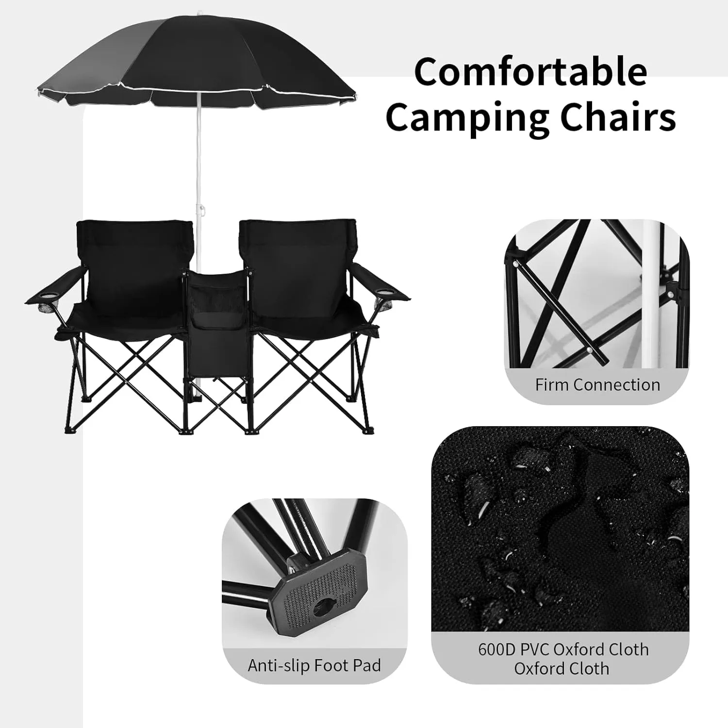 Goplus Double Camping Chair with Umbrella, Folding Loveseat Chairs w/Canopy Shade, Carrying Bag, Table, Cup Holder, Portable Beach Chairs Outdoor Picnic Patio (Black)