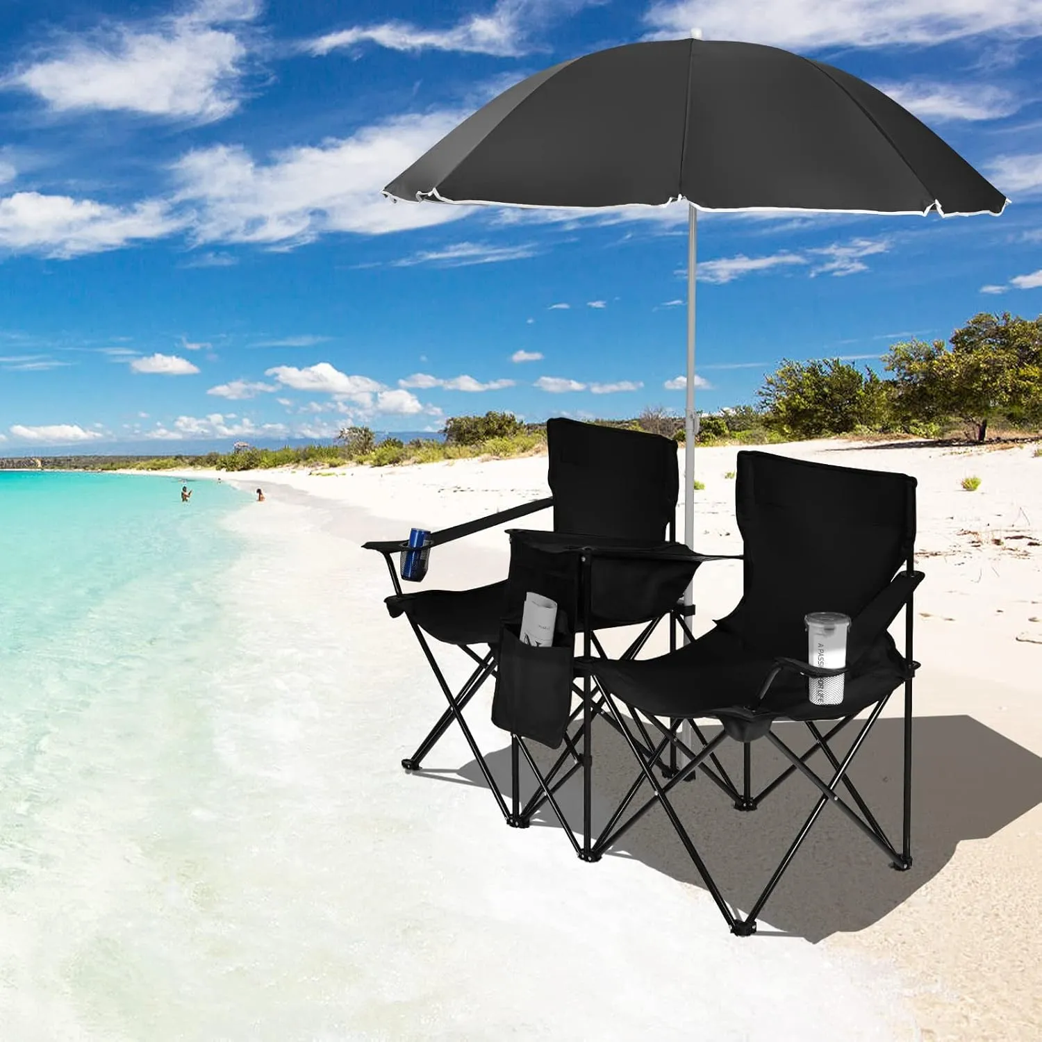 Goplus Double Camping Chair with Umbrella, Folding Loveseat Chairs w/Canopy Shade, Carrying Bag, Table, Cup Holder, Portable Beach Chairs Outdoor Picnic Patio (Black)
