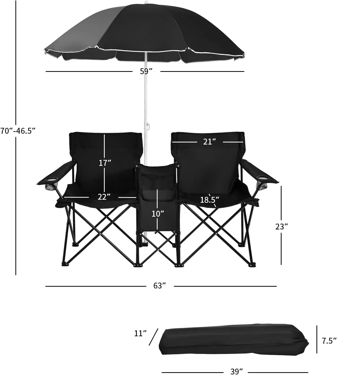 Goplus Double Camping Chair with Umbrella, Folding Loveseat Chairs w/Canopy Shade, Carrying Bag, Table, Cup Holder, Portable Beach Chairs Outdoor Picnic Patio (Black)