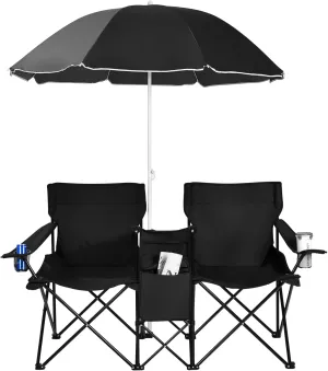 Goplus Double Camping Chair with Umbrella, Folding Loveseat Chairs w/Canopy Shade, Carrying Bag, Table, Cup Holder, Portable Beach Chairs Outdoor Picnic Patio (Black)