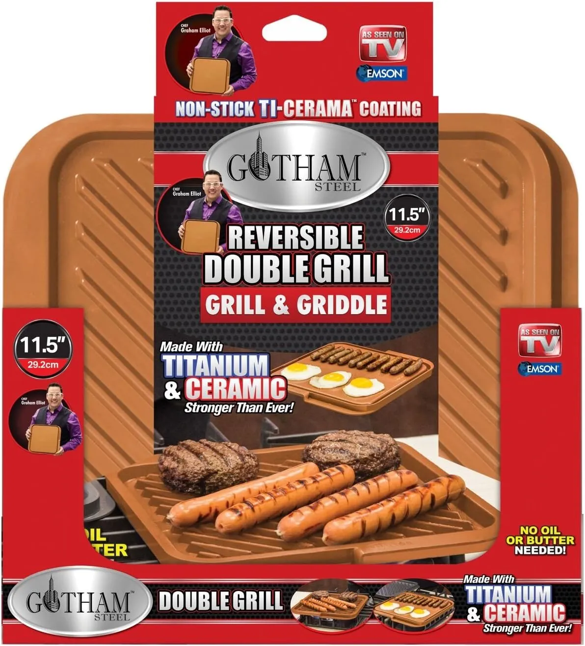 GOTHAM STEEL Grill Griddle Pan Nonstick Double Grill Griddle Pan, Brown Reversible with Ti-Cerama Coating, Perfect for BBQs and More – As Seen on TV