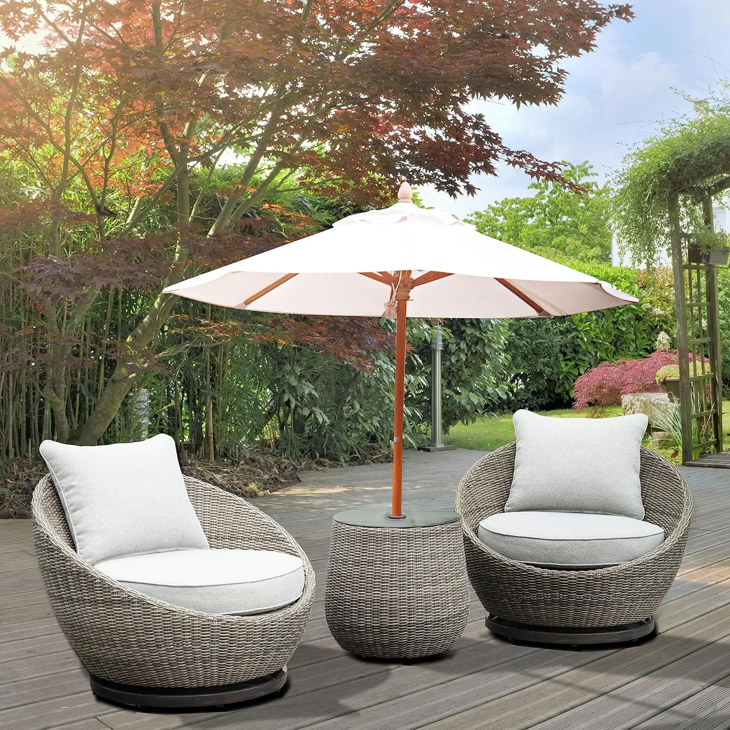 GOWE Cozy Outdoor Set - Swivel Woven Chairs, Side Table - All-Weather Resin Wicker, Powder-Coated Aluminum, Fully Assembled