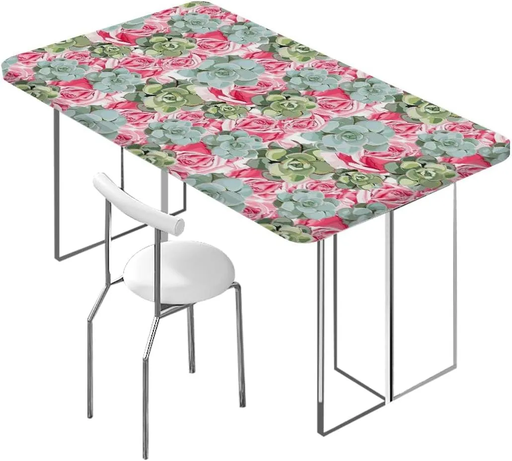 Green Folding Table Cover Cute Succulents Flower Desert Rectangle Table Cover for Outdoor Picnic Camping Parties Hot Plant Artwork Fits up 5 Foot Tables