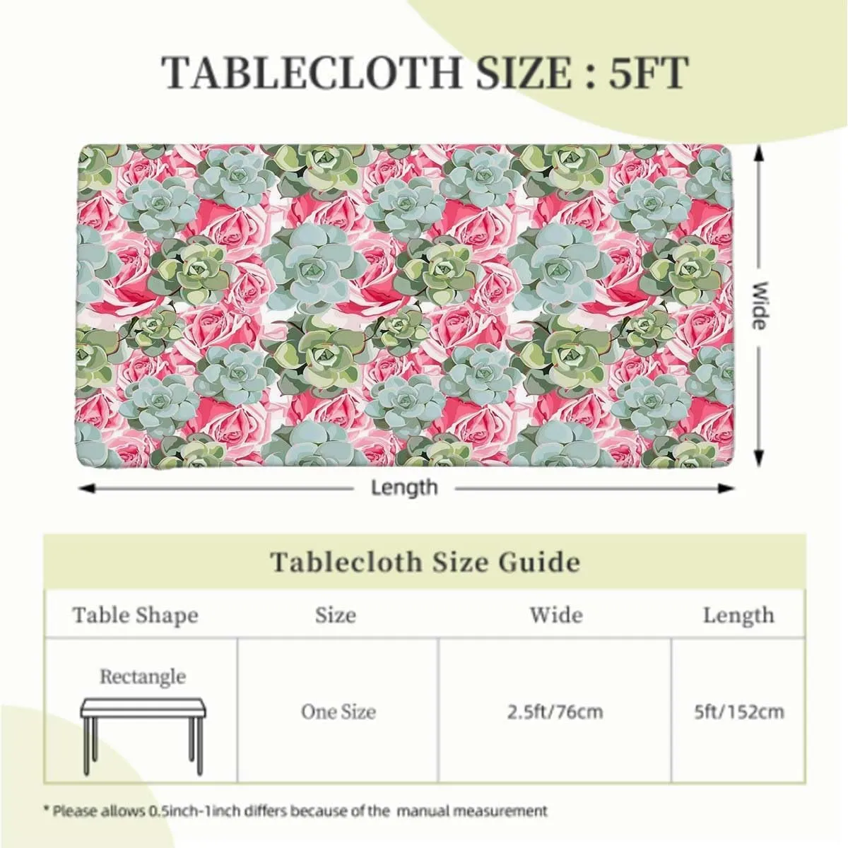 Green Folding Table Cover Cute Succulents Flower Desert Rectangle Table Cover for Outdoor Picnic Camping Parties Hot Plant Artwork Fits up 5 Foot Tables
