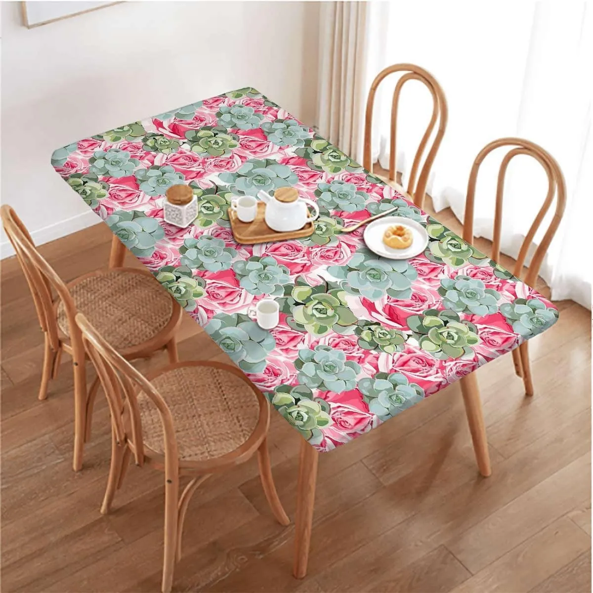 Green Folding Table Cover Cute Succulents Flower Desert Rectangle Table Cover for Outdoor Picnic Camping Parties Hot Plant Artwork Fits up 5 Foot Tables