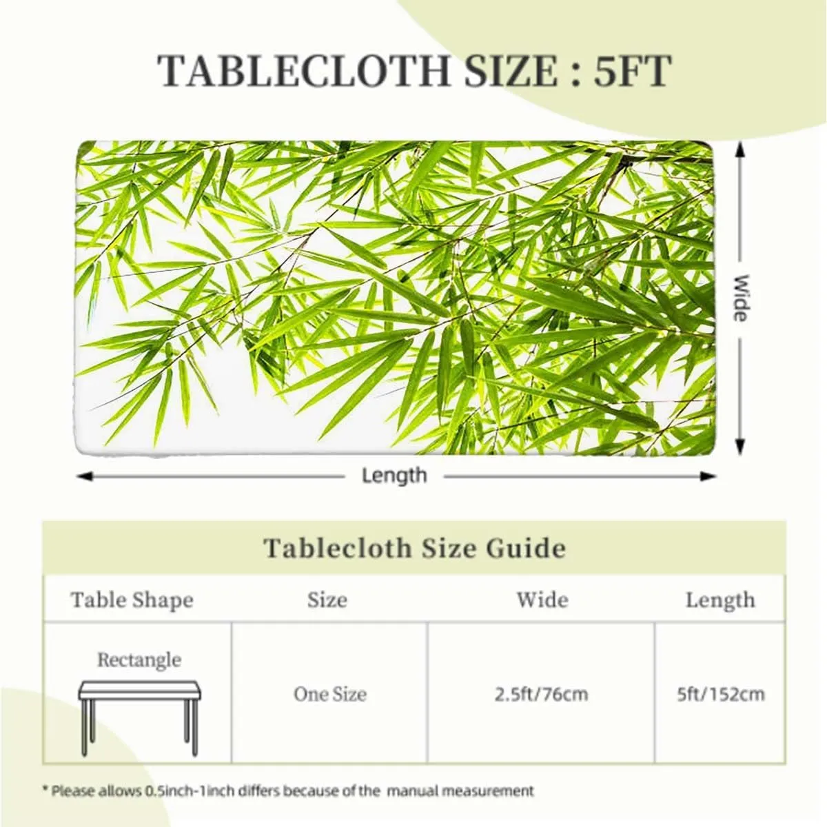 Green White Elastic Fitted Picnic Table Cover Bamboo Leaf Fresh Purity Tranquil Art Elastic Fitted Tablecloth Waterproof Wipeable Bamboo Fits up 5 Foot Tables