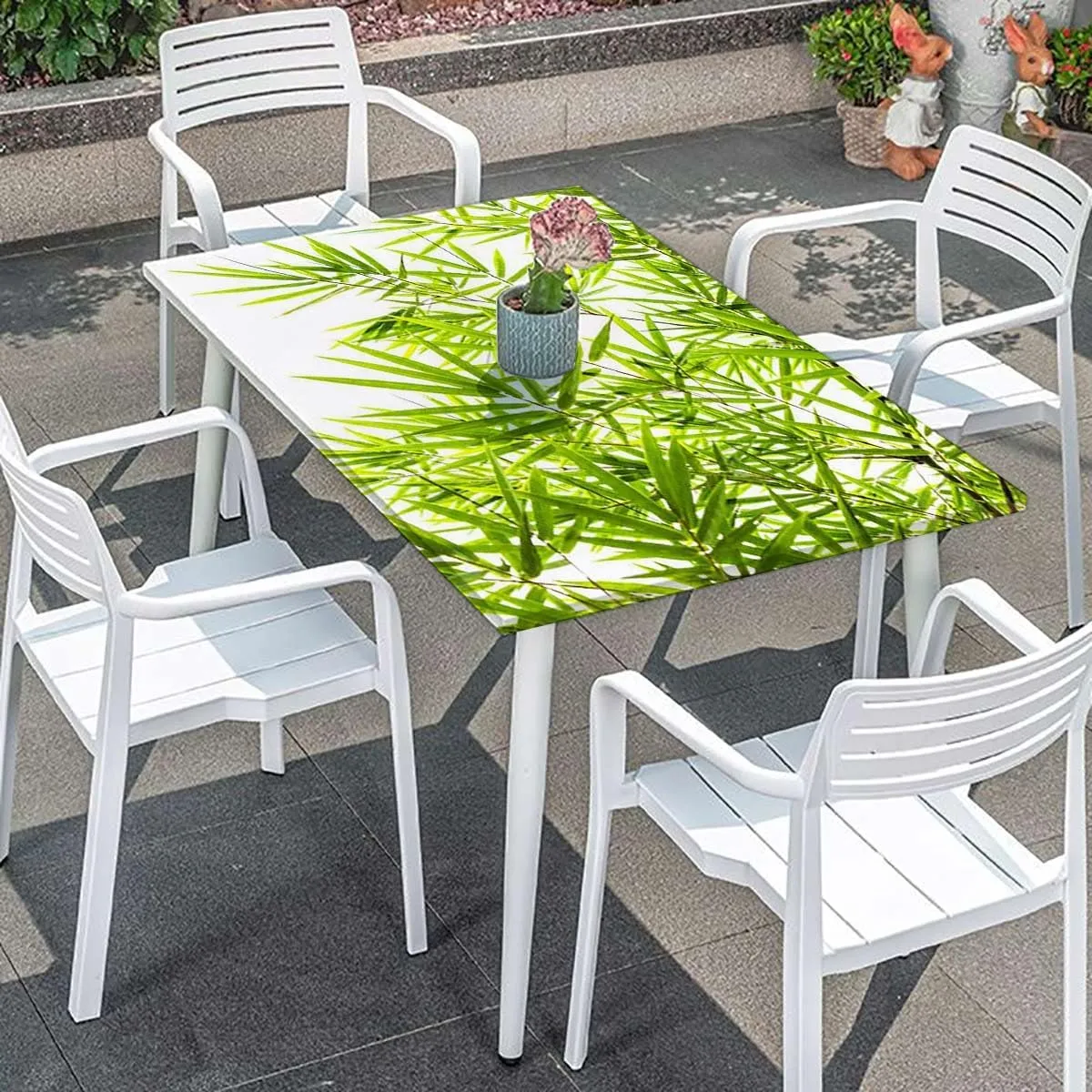 Green White Elastic Fitted Picnic Table Cover Bamboo Leaf Fresh Purity Tranquil Art Elastic Fitted Tablecloth Waterproof Wipeable Bamboo Fits up 5 Foot Tables
