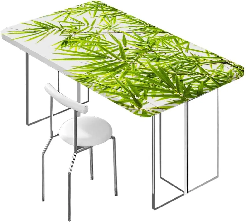 Green White Elastic Fitted Picnic Table Cover Bamboo Leaf Fresh Purity Tranquil Art Elastic Fitted Tablecloth Waterproof Wipeable Bamboo Fits up 5 Foot Tables