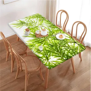 Green White Elastic Fitted Picnic Table Cover Bamboo Leaf Fresh Purity Tranquil Art Elastic Fitted Tablecloth Waterproof Wipeable Bamboo Fits up 5 Foot Tables