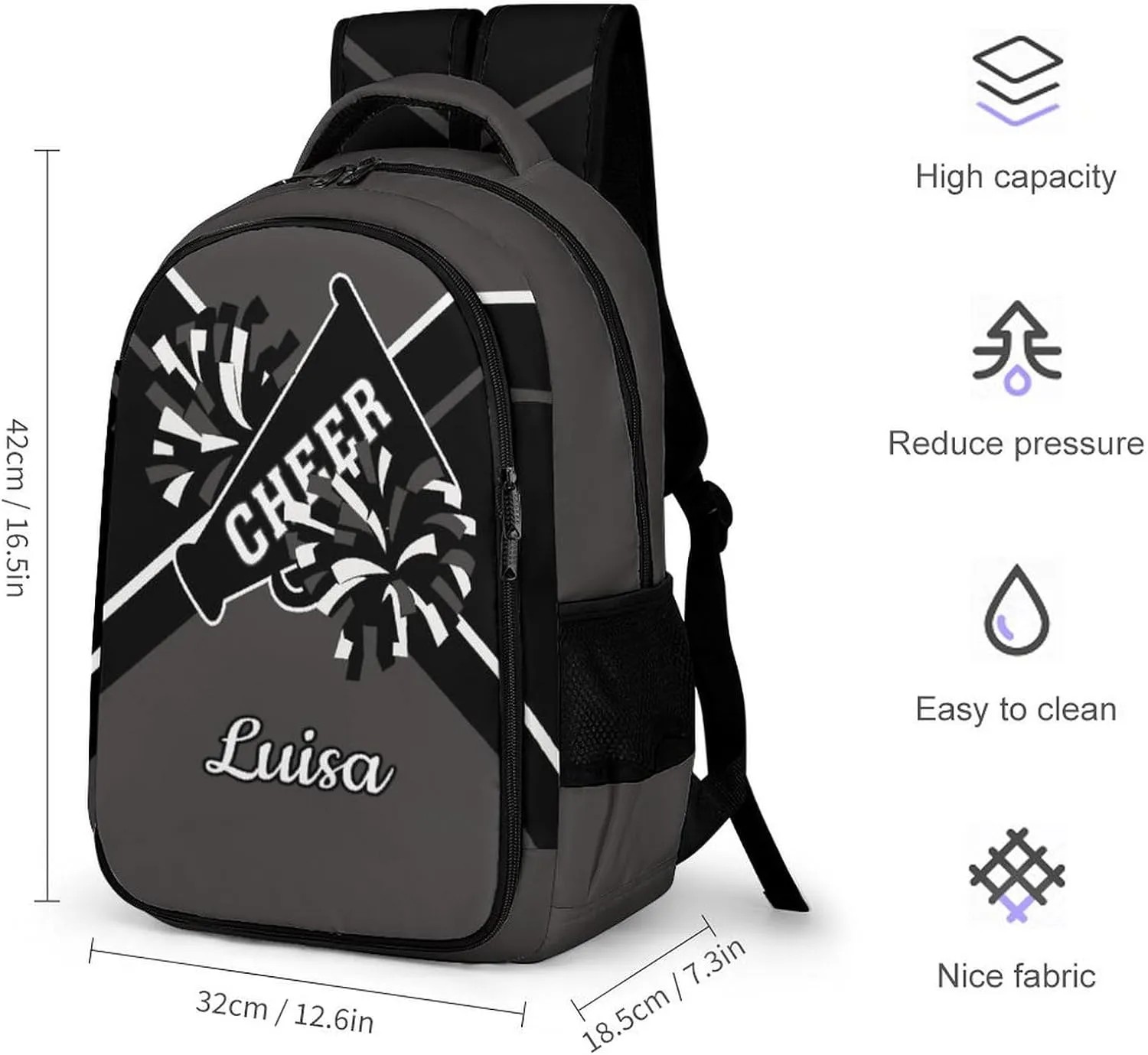 Grey Cheerleader School Backpack Custom Personalized with Name for Travel Daypack Sport Laptop Bag