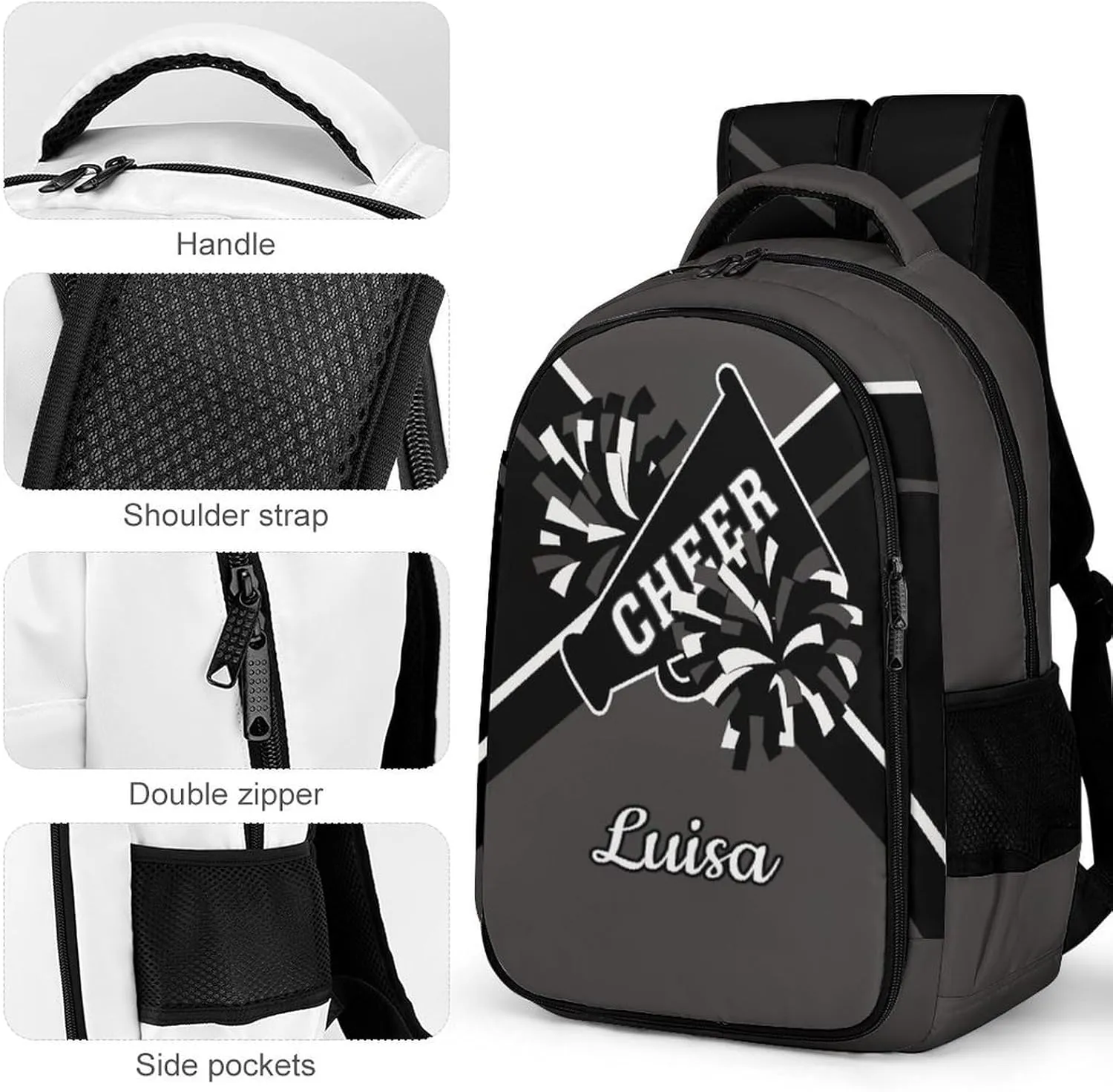 Grey Cheerleader School Backpack Custom Personalized with Name for Travel Daypack Sport Laptop Bag