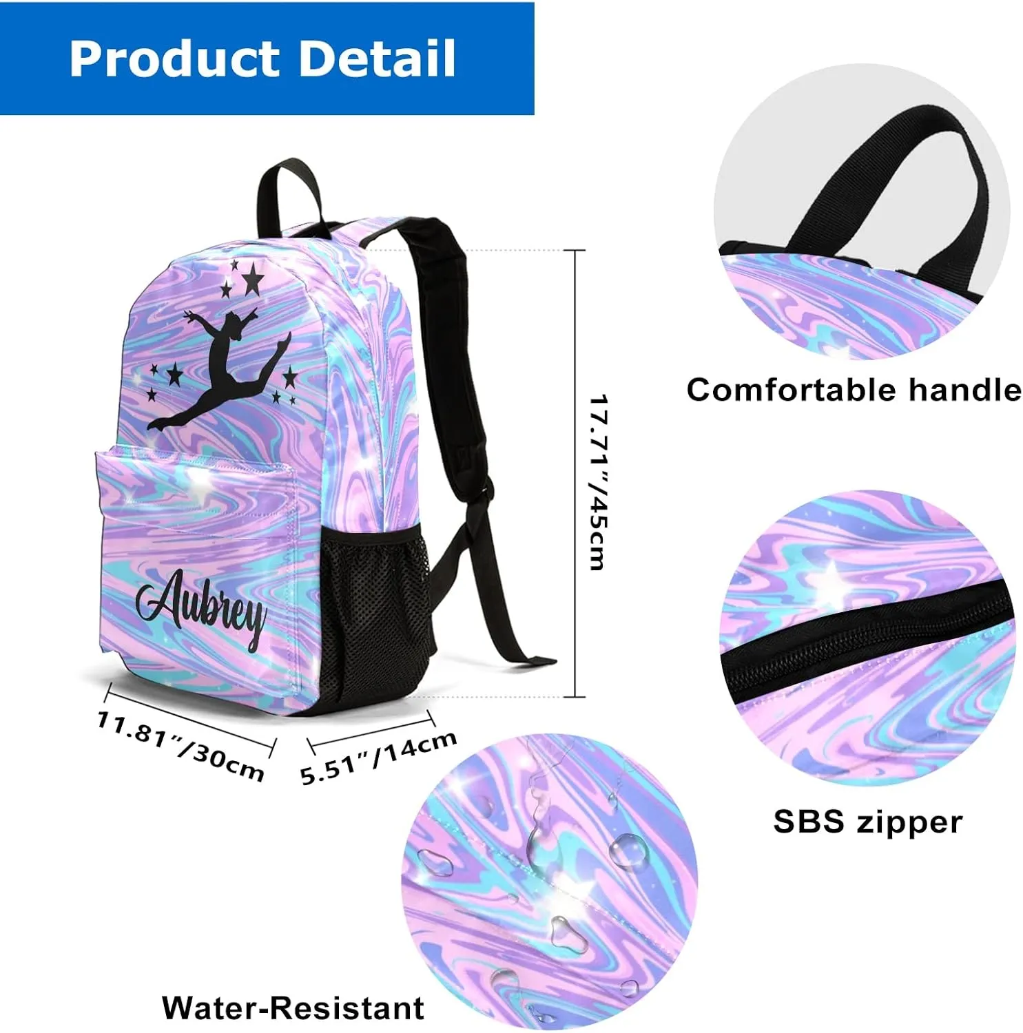 Gymnastic Marble Unicorn Personalized Backpack for Teen Boys Girls,Custom Travel Backpack Bookbag Casual Bag with Name Gift 11.81"(L) x 5.51"(W) x 17.71"(H)