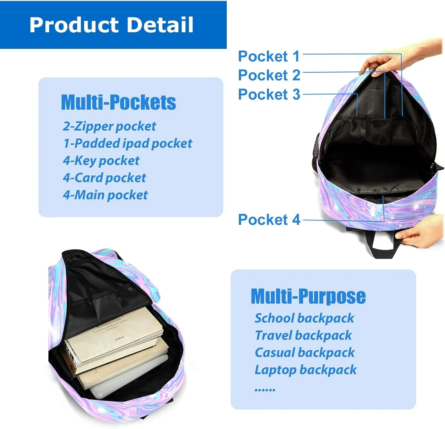 Gymnastic Marble Unicorn Personalized Backpack for Teen Boys Girls,Custom Travel Backpack Bookbag Casual Bag with Name Gift 11.81"(L) x 5.51"(W) x 17.71"(H)