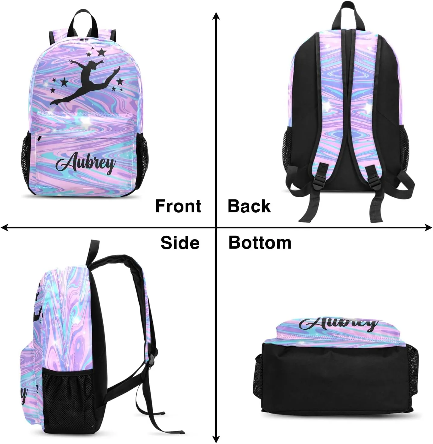 Gymnastic Marble Unicorn Personalized Backpack for Teen Boys Girls,Custom Travel Backpack Bookbag Casual Bag with Name Gift 11.81"(L) x 5.51"(W) x 17.71"(H)