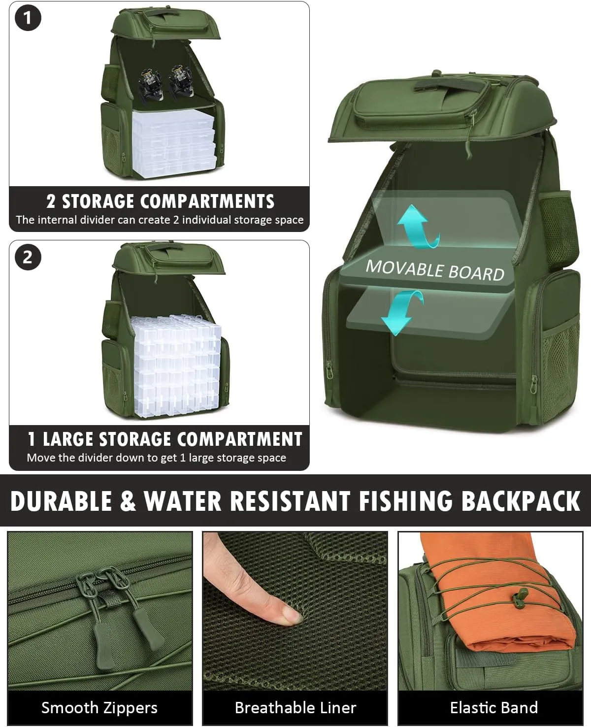 HAMBOLY Fishing Backpack with Tackle Boxes, 50L Fishing Tackle Bag with Cooler & Rod Holders, Waterproof Fishing Bag for Men