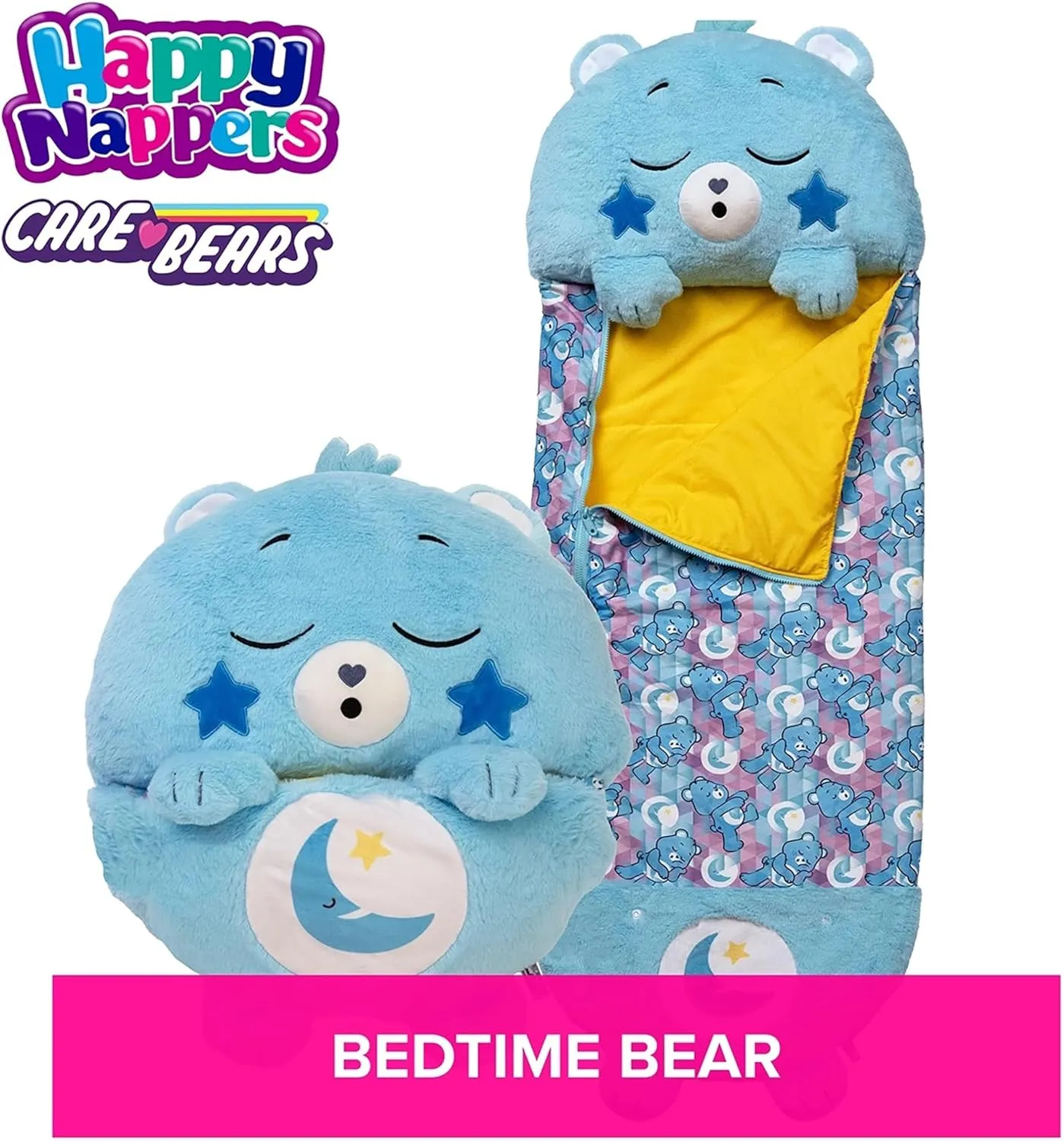 Happy Nappers: Care Bears Sleep Sack Large - Bedtime Bear - 66 x 30, 2-in-1: Plush Character Opens Into Sleeping Bag, Soft Nap & Play Animal, Kids 7 