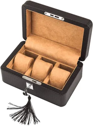 High-end Carbon Fiber Artificial Leather Mechanical Watch Collection Display Box 3 Tables with Lock Removable Table Pillow (Leather Yellow Interior/Dark Brown Interior)