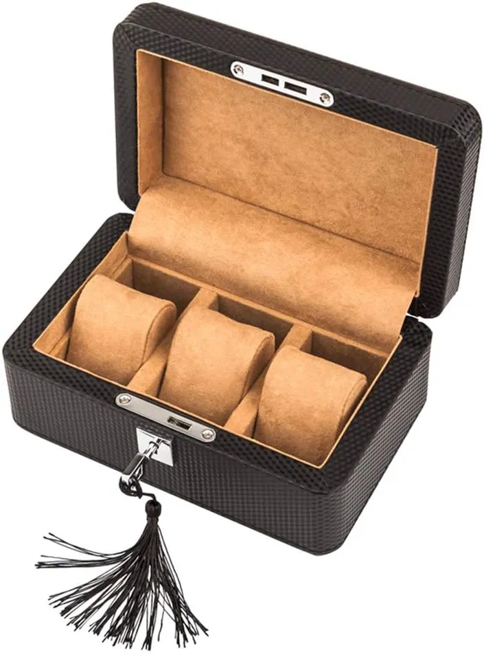 High-end Carbon Fiber Artificial Leather Mechanical Watch Collection Display Box 3 Tables with Lock Removable Table Pillow (Leather Yellow Interior/Dark Brown Interior)