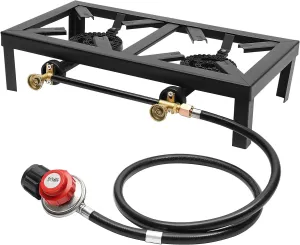 High Pressure Double Propane Burner, 3/8" Outdoor Gas Stove Propane Cooker w/0-10PSI Pressure Regulating Valve, Portable Camping Double Burner Stove Propane Cooker for Camping, BBQ