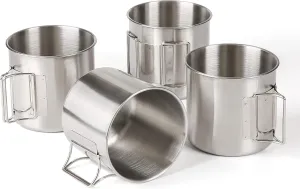 HIKARU Stainless Steel Camping Mugs Outdoors Cup with Foldable Handle for Picnic,Hiking, Backpacking,Fishing ,1 set 4 Pack 22.3oz