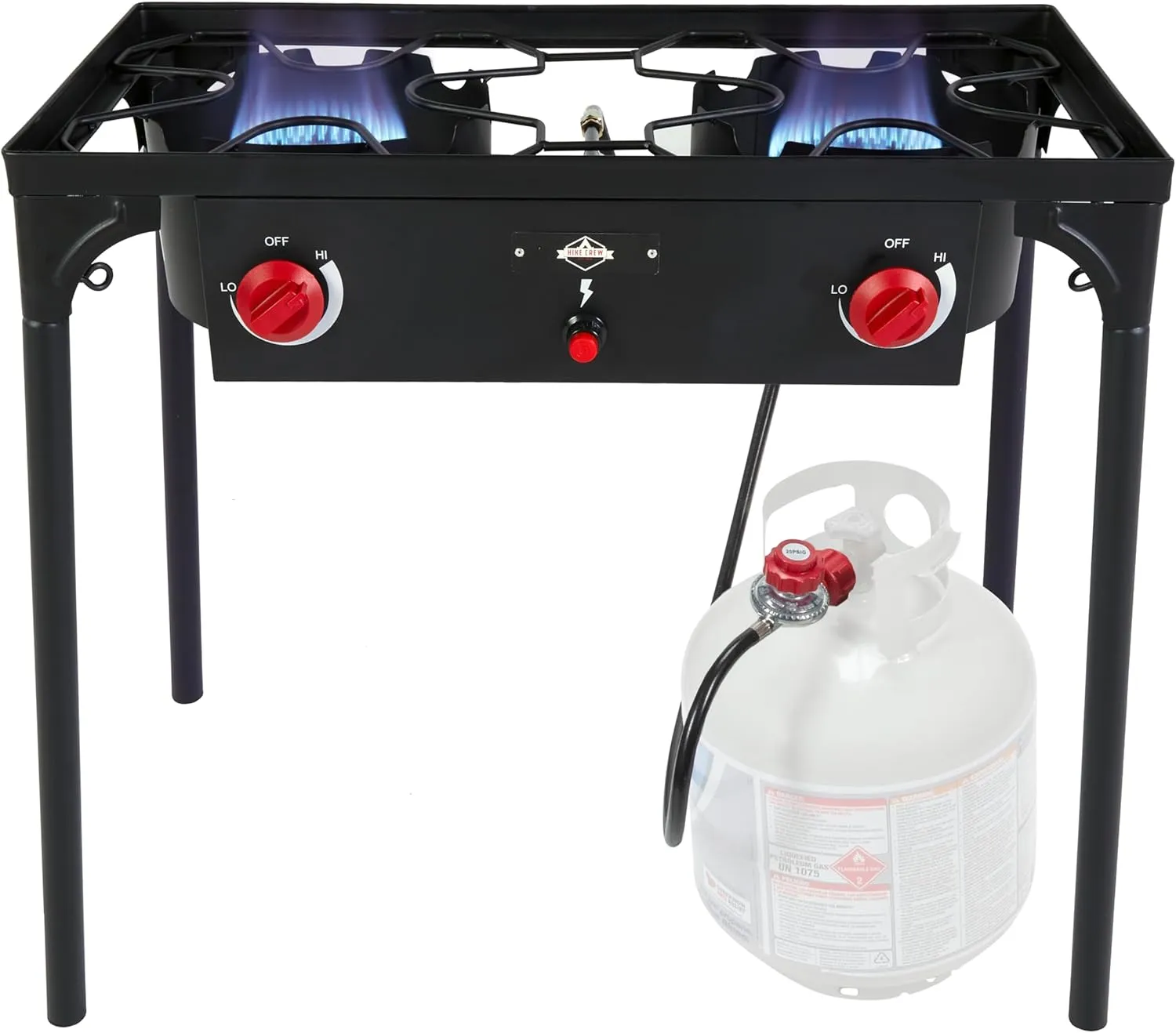 Hike Crew Auto Ignition Double-Burner Outdoor Gas Stove | 150,000 BTU Portable Propane-Powered Cooktop with Blue Flame Control, Removable Legs, Temperature Setting Knobs | Includes Hose & Regulator