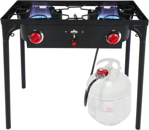 Hike Crew Auto Ignition Double-Burner Outdoor Gas Stove | 150,000 BTU Portable Propane-Powered Cooktop with Blue Flame Control, Removable Legs, Temperature Setting Knobs | Includes Hose & Regulator