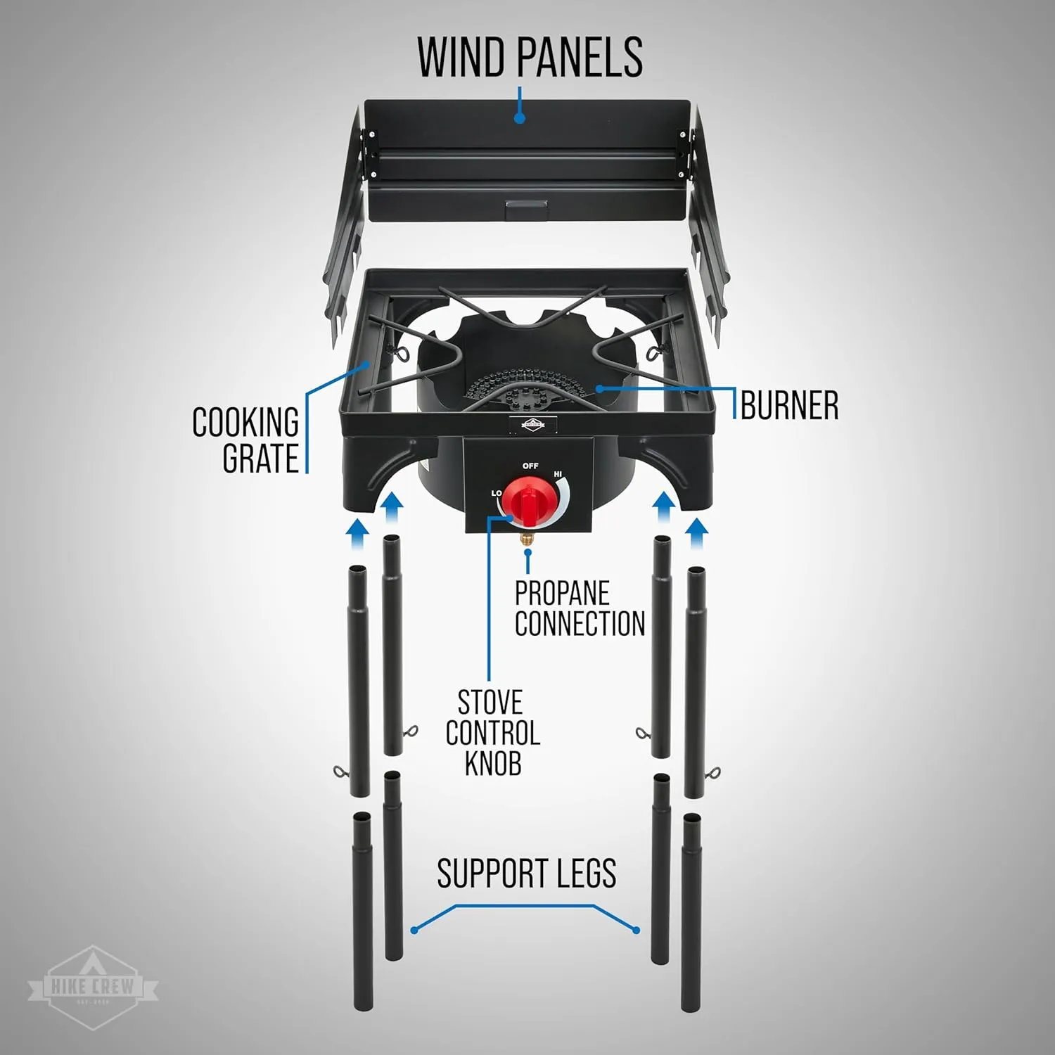 Hike Crew Cast Iron 1-Burner Outdoor Gas Stove | 75,000 BTU Portable Propane-Powered Cooktop w/Blue Flame Control, Removable Legs, Temperature Setting Knobs | Wind Panel, Hose Regulator & Storage Bag